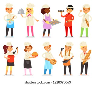 Cooking child vector children characters boy girl chef cooking food baking cookies illustration kitchener set of kids preparing pastry in kitchen isolated on white background