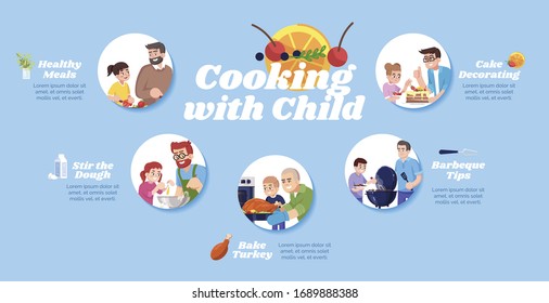 Cooking with child vector infographic template. Healthy meals and barbecue tips UI web banner with flat characters. Baking meat and cake. Cartoon advertising flyer, leaflet, ppt info poster idea