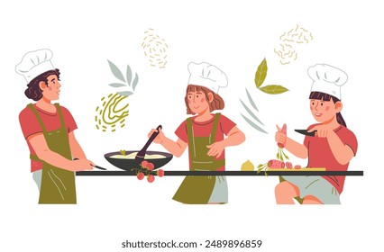 Kochen Kinder Figuren für Kochkurs Banner oder Poster. Oberstufe für Kinder, Kochkurse mit Kindern bereiten Essen zu, flache Vektorillustration auf Weiß.