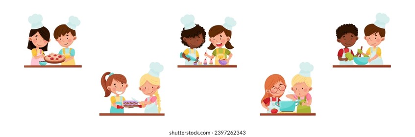 Cooking Children Chef in Toque Engaged in Food Preparation Vector Set