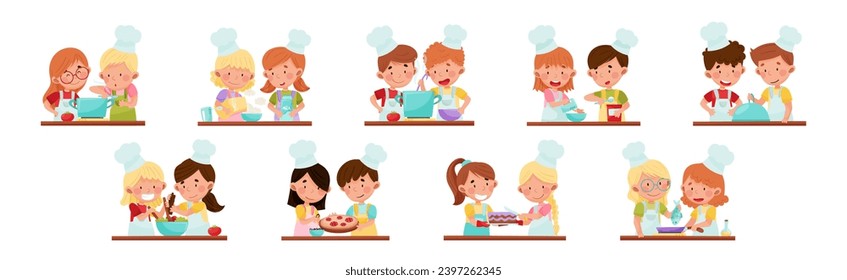 Cooking Children Chef in Toque Engaged in Food Preparation Vector Set