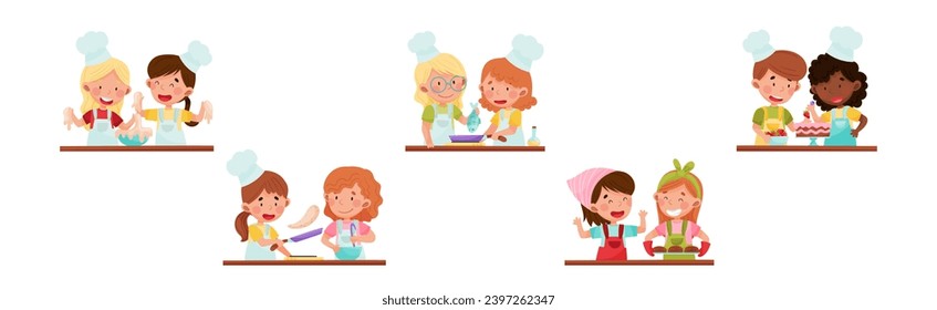 Cooking Children Chef in Toque Engaged in Food Preparation Vector Set