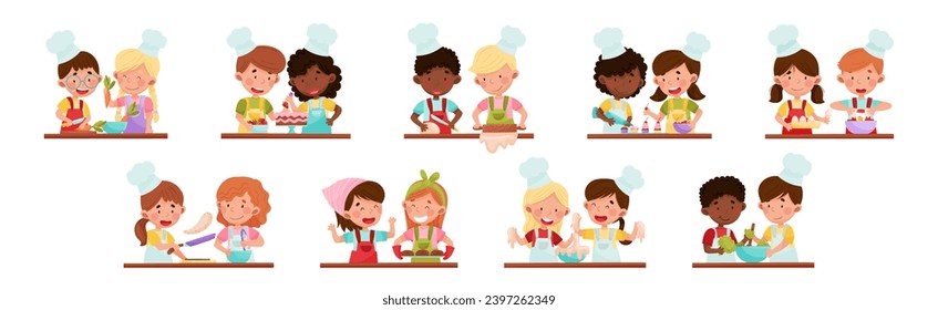 Cooking Children Chef in Toque Engaged in Food Preparation Vector Set