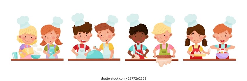 Cooking Children Chef in Toque Engaged in Food Preparation Vector Set