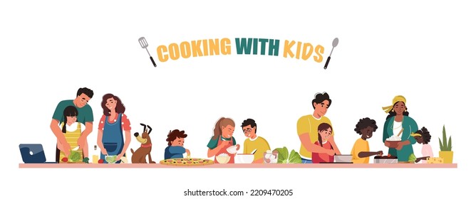 Cooking with children horizontal banner. Different age and race children in aprons cooking with adults. People preparing homemade food template. Kids cooking class flat vector illustration.