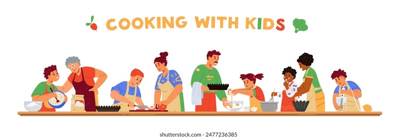 Cooking with children horizontal vector banner. Different age and race children in aprons cooking together with adults. Making dough, pies, using blender, tasting filling, breaking eggs. Kids cooking 