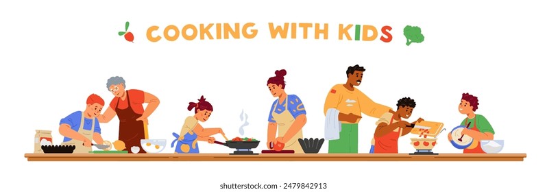 Cooking with children horizontal vector banner. Different age and race children in aprons cooking together with adults. Making dough, making pies, soup, frying. Kids cooking class. 