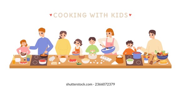 Cooking with children on workshop. Adults and kids prepare raw ingredients. Happy time family or friends together, culinary process snugly vector scene