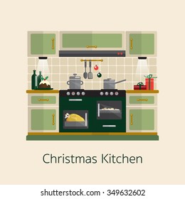 Cocinando la cena navideña. Diseño de cocina plana durante la temporada festiva. Formato vectorial ESP10