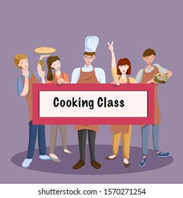 Cooking class banner template with male cooking teacher wearing chef hat and apron with four male and female adult cooking students standing together smiling. vector illustration. flat design