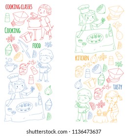 Cooking class banners, courses for little kindergarten children. Kitchenware, kitchen items, utensil. Vector pattern with doodle icons.