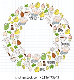 Cooking class banners, courses for little kindergarten children. Kitchenware, kitchen items, utensil. Vector pattern with doodle icons.