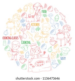 Cooking class banners, courses for little kindergarten children. Kitchenware, kitchen items, utensil. Vector pattern with doodle icons.