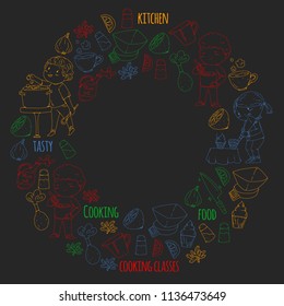 Cooking class banners, courses for little kindergarten children. Kitchenware, kitchen items, utensil. Vector pattern with doodle icons.