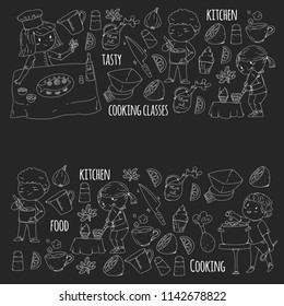 Cooking class banners, courses for little kindergarten children. Kitchenware, kitchen items, utensil. Vector pattern with doodle icons.