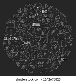 Cooking class banners, courses for little kindergarten children. Kitchenware, kitchen items, utensil. Vector pattern with doodle icons.
