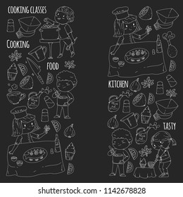 Cooking class banners, courses for little kindergarten children. Kitchenware, kitchen items, utensil. Vector pattern with doodle icons.