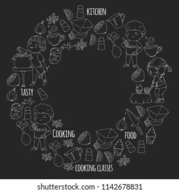 Cooking class banners, courses for little kindergarten children. Kitchenware, kitchen items, utensil. Vector pattern with doodle icons.
