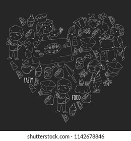 Cooking class banners, courses for little kindergarten children. Kitchenware, kitchen items, utensil. Vector pattern with doodle icons.
