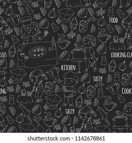 Cooking class banners, courses for little kindergarten children. Kitchenware, kitchen items, utensil. Vector pattern with doodle icons.