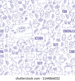 Cooking class banners, courses for little kindergarten children. Kitchenware, kitchen items, utensil. Vector pattern with doodle icon.