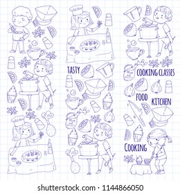 Cooking class banners, courses for little kindergarten children. Kitchenware, kitchen items, utensil. Vector pattern with doodle icon.
