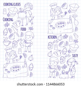 Cooking class banners, courses for little kindergarten children. Kitchenware, kitchen items, utensil. Vector pattern with doodle icon.