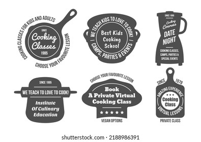 Cooking class black monochrome badge collection vector illustration. Cookery food preparation virtual lessons promo stickers frying pan bowl saucepan blender cutting board chef hat shape silhouette