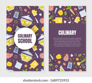 Cooking Class Card Template with Kitchen Utensils Seamless Pattern, Culinary Course o School Design Element Can Be Used for Banner, Brochure, Flyer, Certificate, Card Vector Illustration