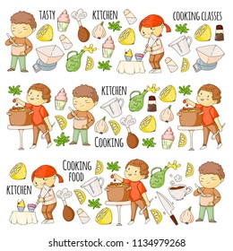 Cooking class, courses for little kindergarten children. Kitchenware, kitchen items, utensil. Vector pattern with doodle icons.