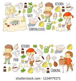 Cooking class, courses for little kindergarten children. Kitchenware, kitchen items, utensil. Vector pattern with doodle icons.