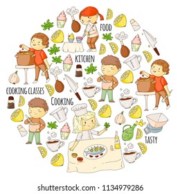 Cooking class, courses for little kindergarten children. Kitchenware, kitchen items, utensil. Vector pattern with doodle icons.