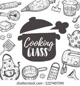 Cooking class. Culiary courses concept design. Hand drawn vector illustration. Can be used for badges, labels, logo, bakery, street festival, country fair, shop, kitchen classes, cafe, food studio.