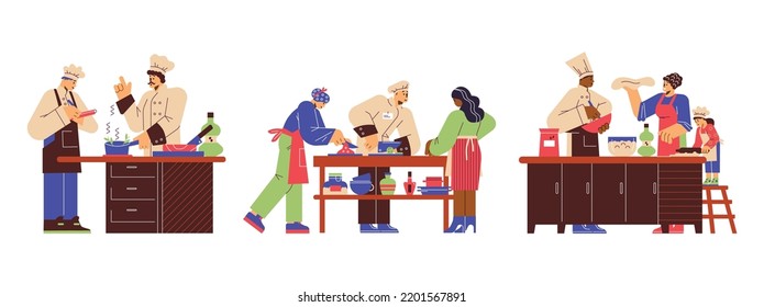 Clase de cocina en escuela culinaria, ilustración vectorial plana aislada en fondo blanco. Gente cocinando comida junto con un chef profesional. Diversas personas preparando comida en la mesa de la cocina.