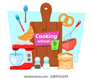 Cooking class in culinary workshop banner design. Huge cutting board with Cooking School lettering. Mixer, flour, bowl with whisk, croissant. Cooking, hobby concept