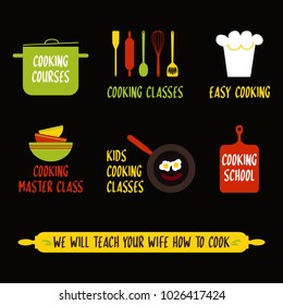Cooking class design elements, colorful kitchen emblems, symbols, icons, food studio labels, badges collection. Business signs template, logo, identity, culinary school label. Vector illustration.
