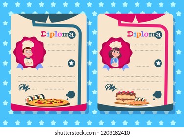 Cooking class diploma. Young girl and boy cook kid with apron, kitchen class vector certificate templates. Illustration of cooking certificate class, girl and boy education diploma