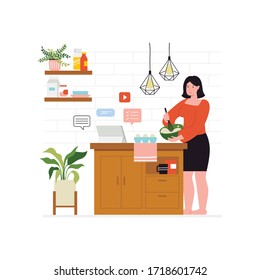 Cooking class, distance education, training and courses. Female student studies cooking online at home. Vector cartoon illustration for banner, flyer, poster.