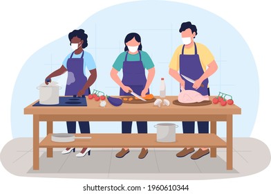 Cooking Class During Pandemic 2D Vector Web Banner, Poster. Chefs In Training In Face Masks Flat Characters On Cartoon Background. Culinary Course Printable Patch, Colorful Web Element