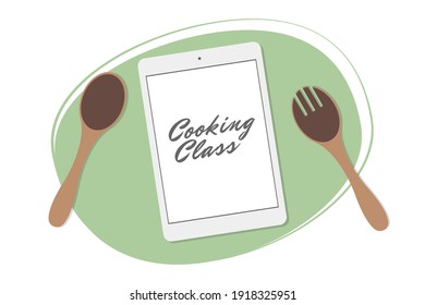 Cooking class. Flat design web banner template with
tablet and wooden spoons. Culinary master class. Live online stream of the culinary process. Modern concept for website or infographic.