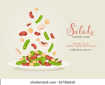 Cooking Class Flayer Template. Fresh Salad From Beans, French Beans And Chickpea. Side View. Healthy Food Vector Illustration With Text.