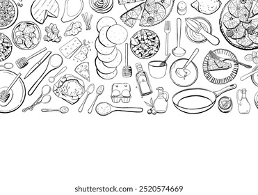 Cooking Class Flayer Template. Cooking Ingredients and Tools Outlines Isolated on White Background