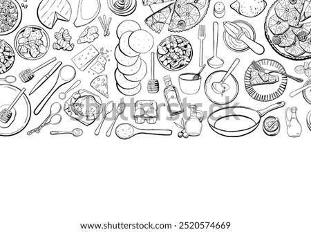 Cooking Class Flayer Template. Cooking Ingredients and Tools Outlines Isolated on White Background