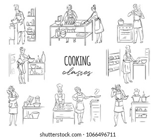 Cooking class. Group of people preparing meals. Black and white vector illustration in sketch style
