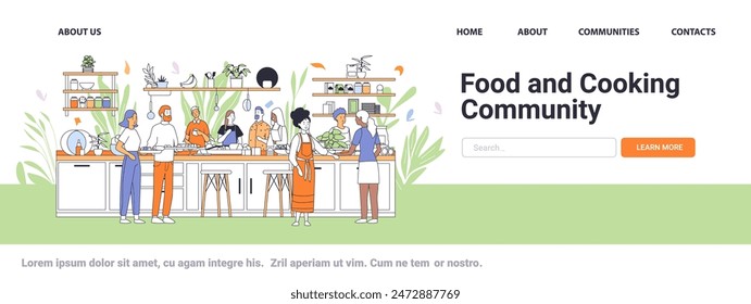 Cooking class illustration with diverse people preparing food in a modern kitchen surrounded by plants and kitchen utensils