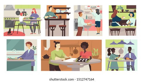 Cooking class in kitchen, learning people, teaching and culinary vector. Cook and ingredients, mom with kid making dinner, baking lesson. Kitchenware and restaurant, cooker and pan, food preparing