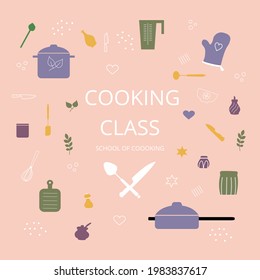 Cooking class kitchen tools icons set. Vector elements for design school of cooking