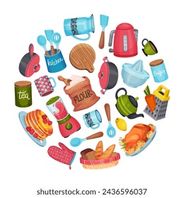 Clase de cocina y utensilios de cocina plantilla de vectores de diseño de composición redonda