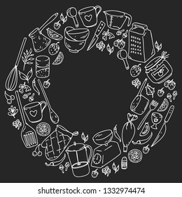 Cooking class. Kitchenware, utencils. Food and kitchen icons.