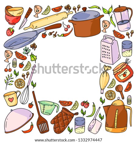 Cooking class. Kitchenware, utencils. Food and kitchen icons.